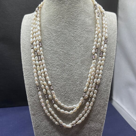 Two Separate Strands Seed Pearl Necklace Amethyst & Gold-Tone Beads 21” Doubled - Picture 1 of 8